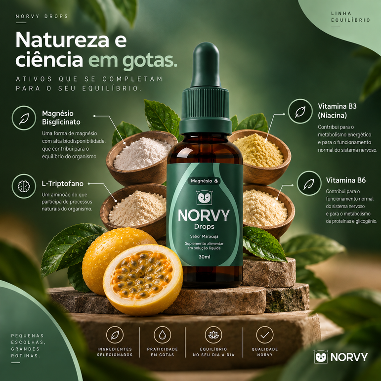 Norvy Drops - Magnésio Bisglicinato + Triptofano em Gotas - Sabor Maracujá - 30ml